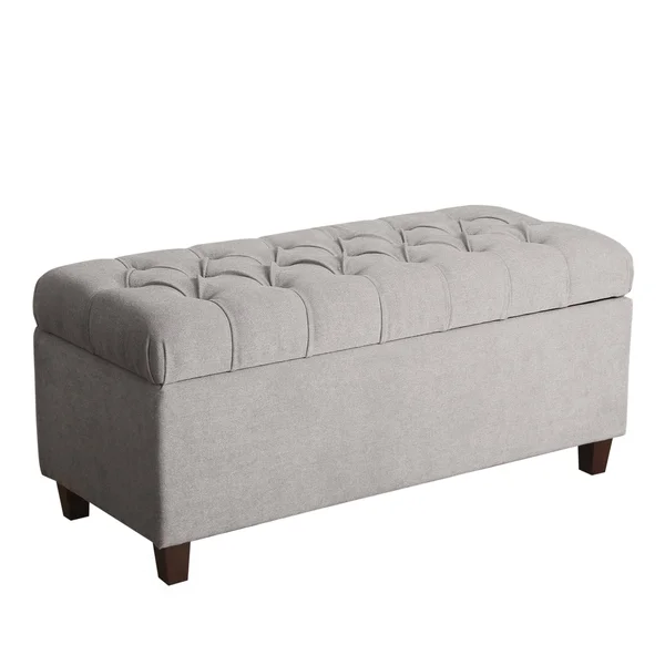 Fabric Upholstered Button Tufted Wooden Bench with Hinged Storage, Gray and Brown - As Pictured