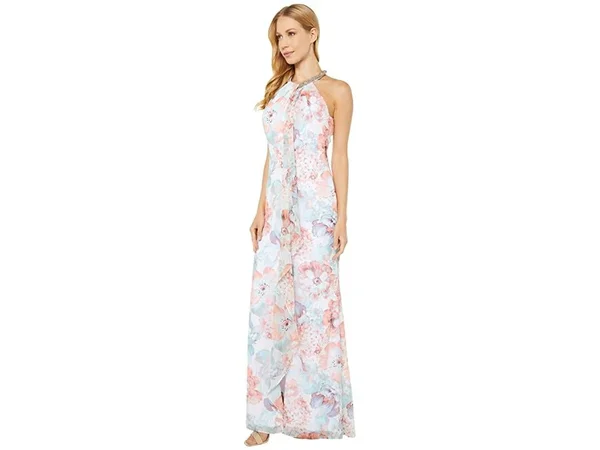 Calvin Klein Beaded Halter Neck Sleeveless Floral Print Chiffon Gown - 12