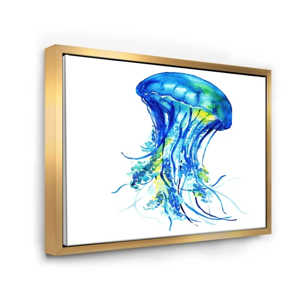 Designart 'Ocean Water Jellyfish' Animal Framed Canvas Art Print - 40 in. Wide x 30 in. High - Gold
