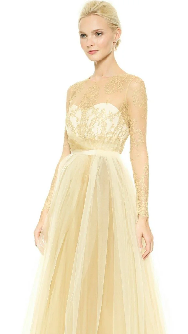 Marchesa Notte Stunning Exclusive Gold Lace Tulle Runway Dress Gown US 2