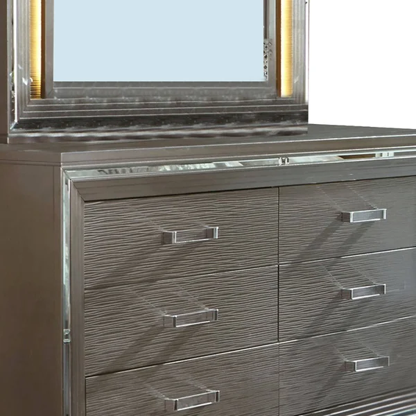 Textured Front 6 Drawer Dresser with Beveled Mirror TRIM - Silver