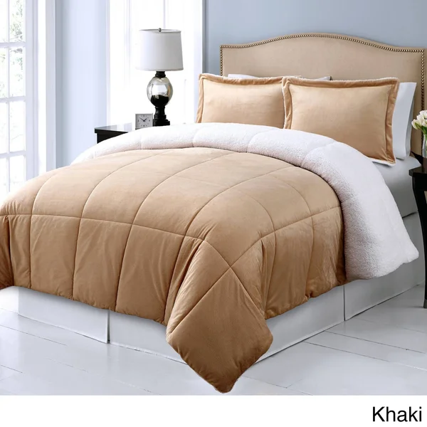 Blue Ridge Home Fashions Microplush Reversible to Micromink Down Alternative 3-Piece Comforter Set Khaki Queen - Brown