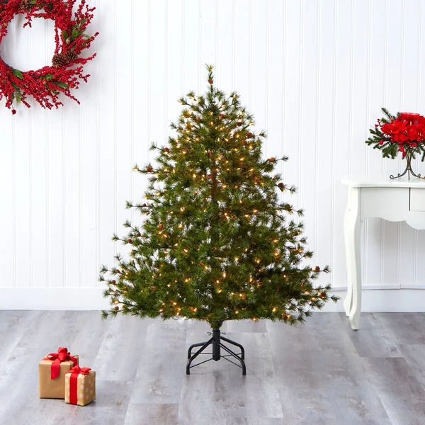 Nearly Natural 5 Foot Colorado Mountain Pine Artificial Christmas Tree with 250 Clear Lights, 669 Bendable Branches, and Pine Co
