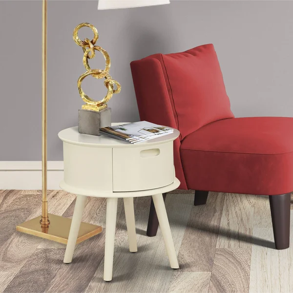 East West Furniture Gordon Round Night Stand End Table with Drawer in Burgundy Finish