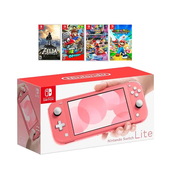 New Nintendo Switch Lite Coral Console Bundle with 4 Games: The Legend of Zelda: Breath of The Wild, Super Mario Odyssey, Super