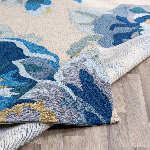 Modern BHS-0057099 Hooked Poly Blue Outdoor Floral Door Mat - 3' x 5'