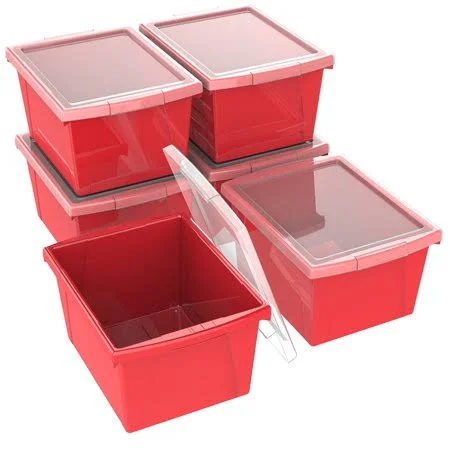 Storex 4 Gallon (15L) Classroom Storage Bin with Lid, Red, 6-Pack