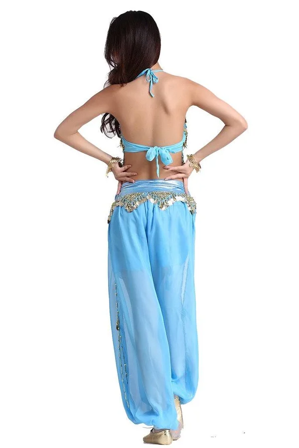 Zltdream Lady's Belly Dance Chiffon Banadge Top and Lantern Coins Pants Light Blue, One Size, Women's