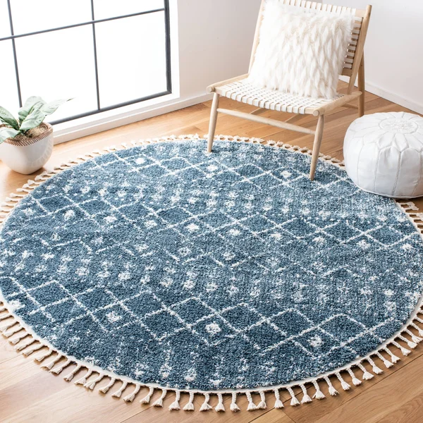 Safavieh 6&-7x22 x 6&-7x22 Square Berber Fringe Shag BFG519N Dark Blue, Ivory Rug