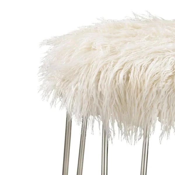 Bailey Street Home Retro White Faux Fur Stool with Silver Legs Made of Faux Fur, Metal in Silver, White Faux Fur Finish
