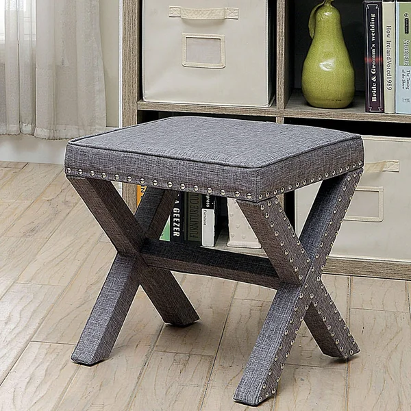 Furniture of America Kyon Transitional Linen X-Shaped Ottoman - Gray
