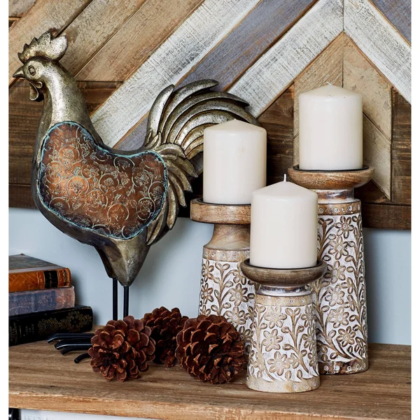 The Curated Nomad Buckroe 3-Piece Mango Wood and Iron Carved Floral Candle Holder Set - Brown