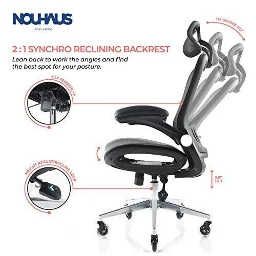 NOUHAUS ErgoFlip Mesh Computer Chair - Grey Rolling Desk Chair with Retractable Armrest and Blade Wheels Ergonomic Office Chair