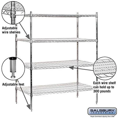 Salsbury Industries Wire Shelving - Stationary - 48 Inches Wide - 63 Inches High - 24 Inches Deep - Chrome