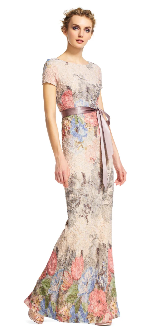 Adrianna Papell Floral Matelasse Gown, Blush Multi, Size: 2