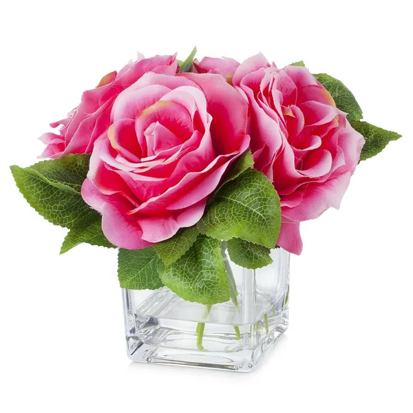 Enova Home 4 Large Heads Velvet Rose Flower in Cube Glass Vase with Faux Water