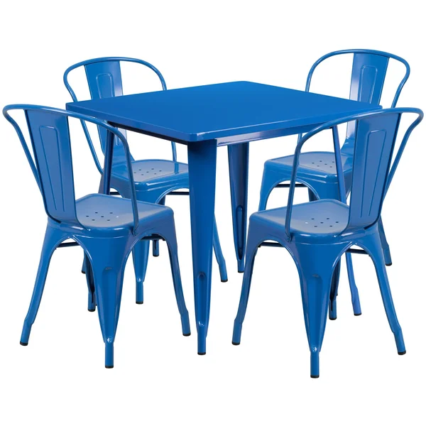 Flash Furniture ET-CT002-4-30-BL-GG 31.5&& Square Blue Metal Indoor Table Set with 4 Stack Chairs
