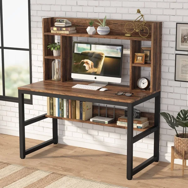 Computer Desk with Storage Shelves - 47 inch Modern Study Writing Desk with Hutch - Vintage Brown
