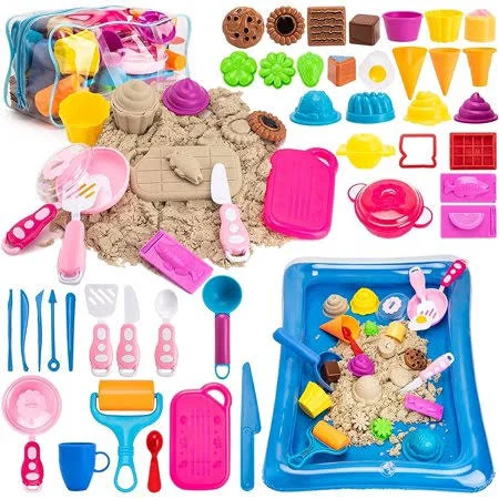 Toyhub Play Sand for Kids, Ice Cream Set, 3lbs Magic Sand, Food Sand Molds Tools, Play Sand Kit, Sand Tray and Storage Bag, 44pcs