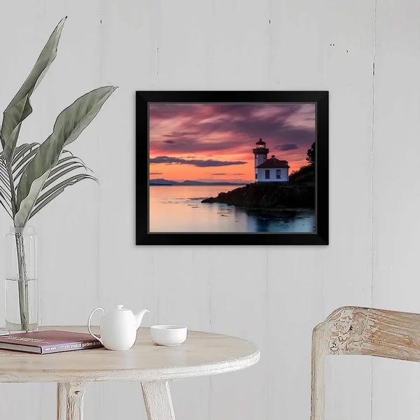 Orange Sunset at Lime Kiln Lighthouse - Black Framed Wall Art, 20x16, Great Big Canvas