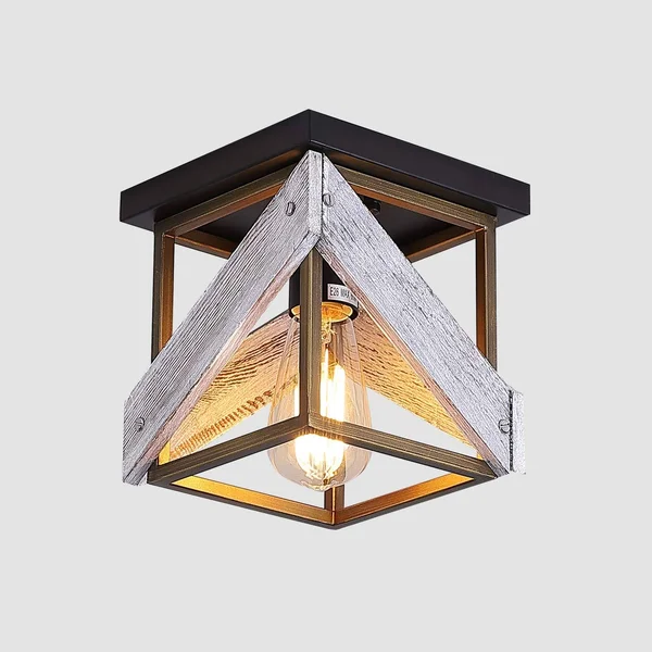 Modern Farmhouse Flush Mount Ceiling Light 1-Light Metal and Wood Cage Mini Semi Flush Mount Light Fixture for Hallway Kitchen E