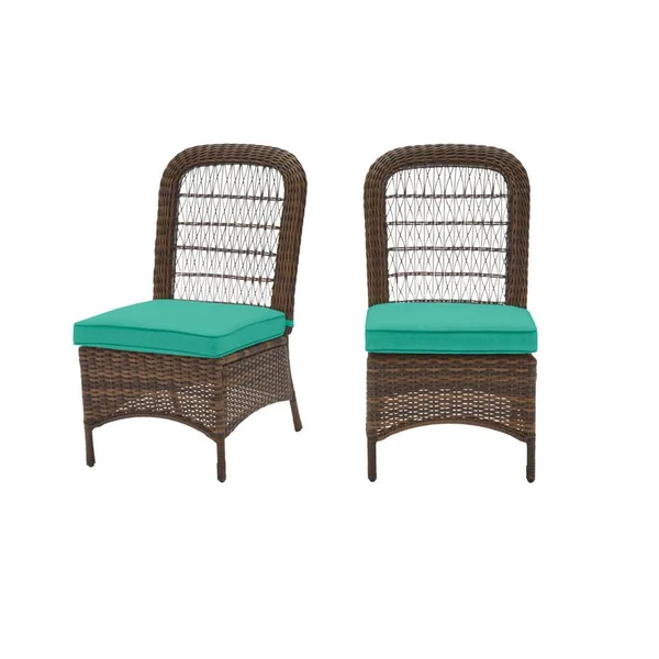 Hampton Bay Beacon Park Brown Wicker Outdoor Patio Armless Dining Chair with CushionGuard Seaglass Turquoise Cushions (2-Pack)