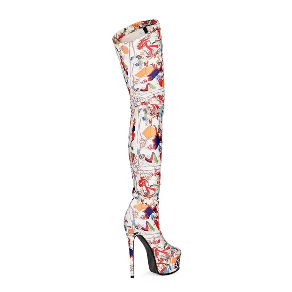 Multicolor Patterns Platform Stietto Heel Over The Knee Boots Size 8