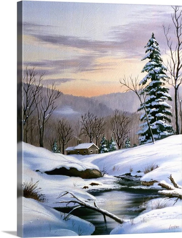 Log Cabin on Winter Stream in Early Evening - Large Solid-Faced Canvas Wall Art Print, Great Big Canvas