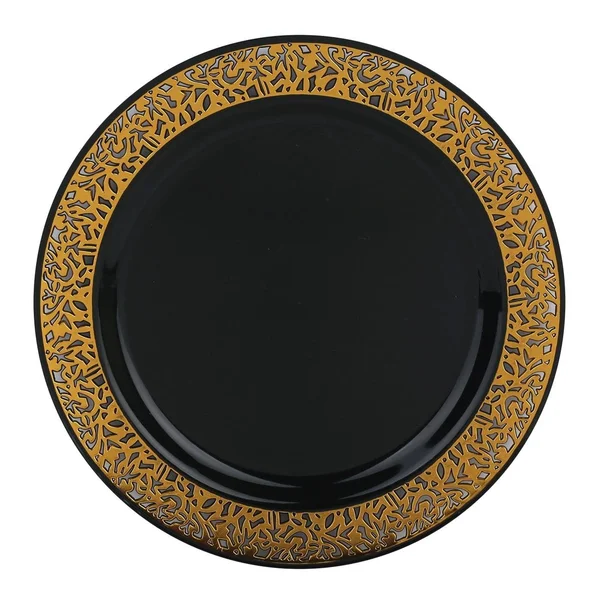 Shiny Lace Rim Disposable Plastic Plate Packs - Party Supplies (Black with Gold Rim - 120pcs - Salad Plates)