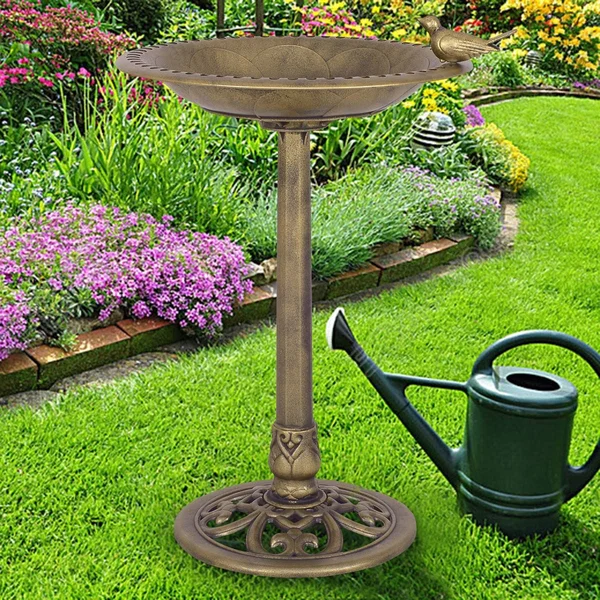 Costway Antique Gold Freestanding Pedestal Bird Bath Feeder Outdoor