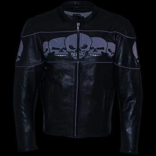 Xelement Bxu6050 Men's &3 Skull Head& Black Leather Motorcycle Jacket with X-Armor Protection - Black - Small
