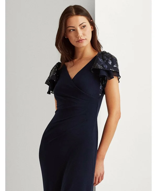 Lauren Ralph Lauren Embellished Flutter-Sleeve Gown - Lighthouse Navy