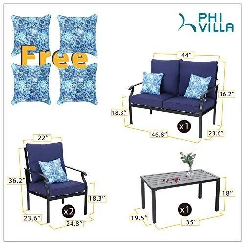 Phi Villa Metal 4 Piece Outdoor Patio Furniture Padded Conversation Set with 1 Loveseat - 2 Chairs, 1 Coffee Table & 4 Free P
