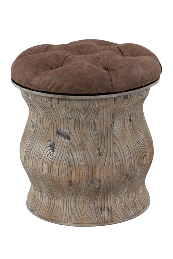 Rustic Wood & Brown Faux Leather Round Ottoman with Storage