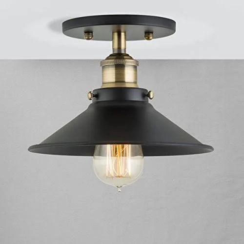 Linea di Liara Andante Industrial Vintage Ceiling Light Fixture - Black w/Antique Brass Semi Flush Mount Ceiling Light with Bulb