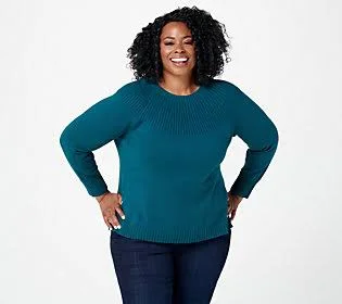 Isaac Mizrahi Live! Ribbed Neck PulloverSweater, Size Small, Midnight Green