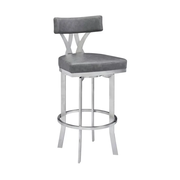 Armen Living Ozias Contemporary 30 in. Bar Height in Brushed Stainless Steel Finish and Vintage Grey Faux Leather Bar Stool - Gra