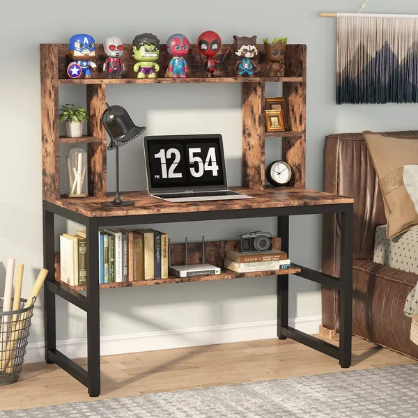 Computer Desk with Storage Shelves - 47 inch Modern Study Writing Desk with Hutch - Vintage Brown