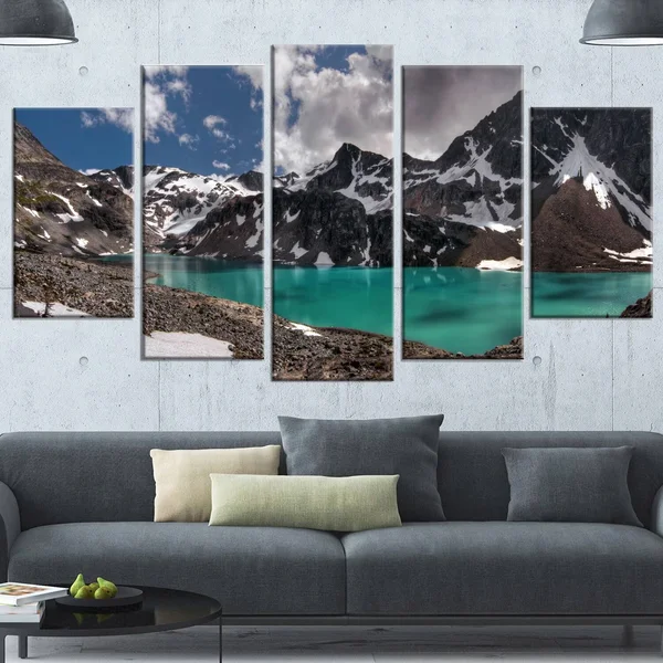 Designart 'Distant Mountains and Mountain Lake' Landscape Artwork Canvas Print - 60 in. Wide x 32 in. High - 5 Panels Diamond Sh