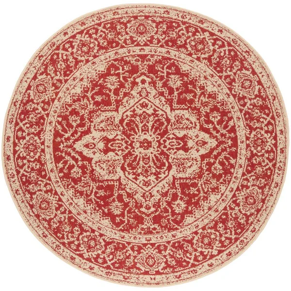 Safavieh Beach House Red/Cream 8 ft. x 8 ft. Border Floral Indoor/Outdoor Round Area Rug