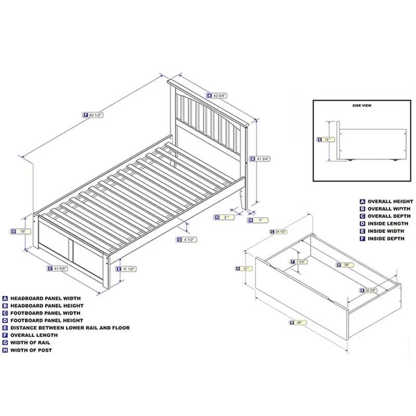 Atlantic Mission Platform Bed W/FLAT Panel Footboard & 2 Urban Bed Drawers in Atlantic Grey Twin XL
