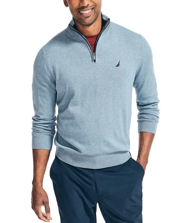 Nautica Men's Navtech Classic-Fit Jersey Knit Quarter Zip - Deep Anchor Heather Blue - Size Xs