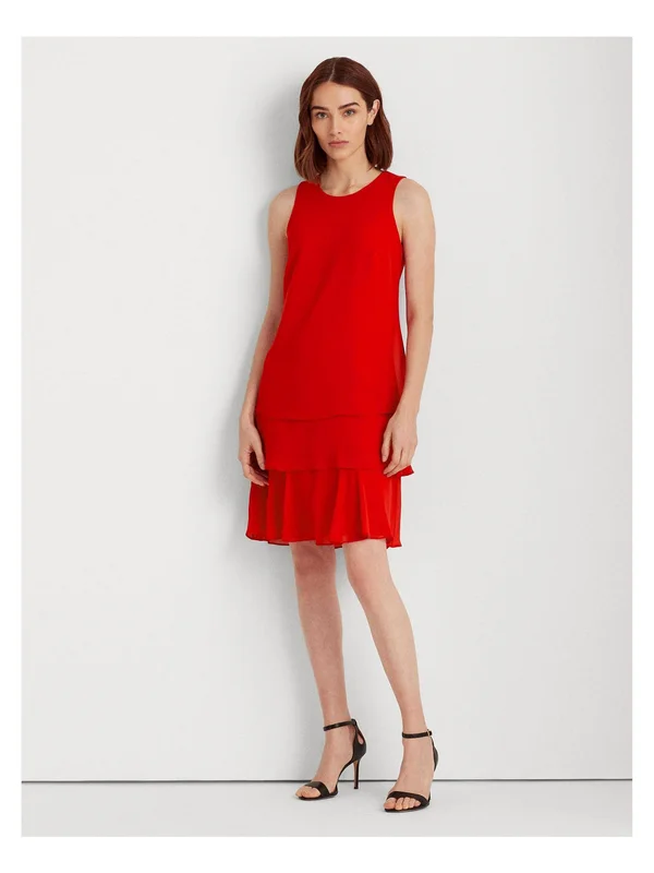 Lauren Ralph Lauren Georgette Layered Hem Sleeveless Shift Dress - Womens, 10, Red