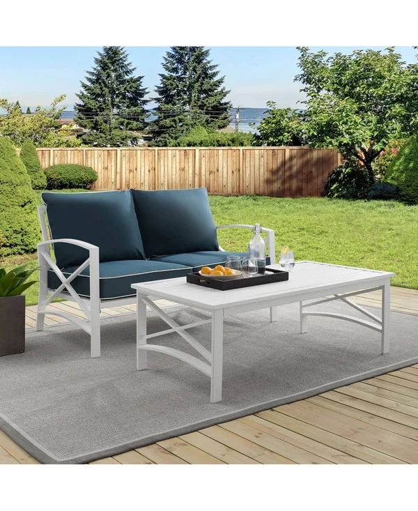 Crosley Kaplan 2-Piece Outdoor Seating Set, White, Gray Cushions, Loveseat, Coffee Table
