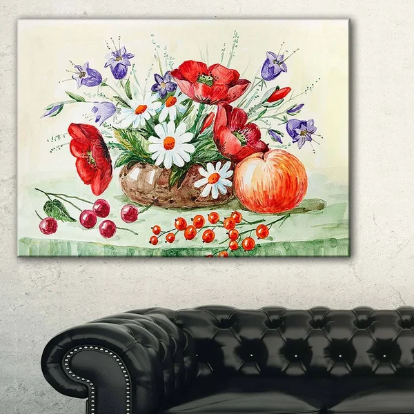 Design Art Colorful Bunch of Flowers and Fruits - Floral Canvas Art Print - Green, 32 in. Wide x 16 in. High