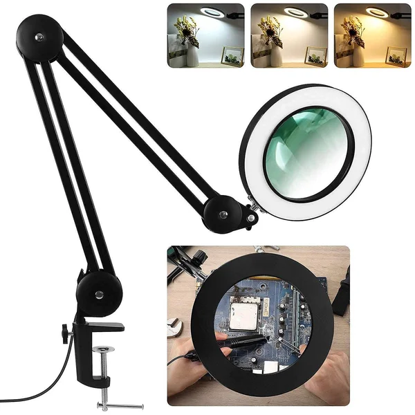 Veemagni Magnifying Glass Desk Lamp with CLAMP, 3 Color Modes, 5-Diopter, Stepless Dimming, Adjustable Swivel Arm and Stand, LED