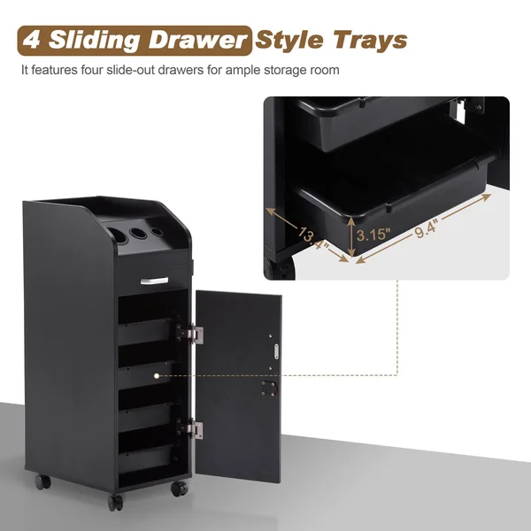 BarberPub Salon Trolley Storage Cart Coloring Beauty Hair Dryer Holder Stylist, Black