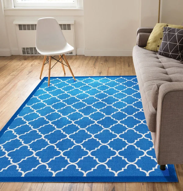 Well Woven Non-Skid Slip Rubber Back Antibacterial 5x7 (1.5m x 2.1m) Area Rug Dallas Moroccan Trellis Blue Modern Geometric Latt