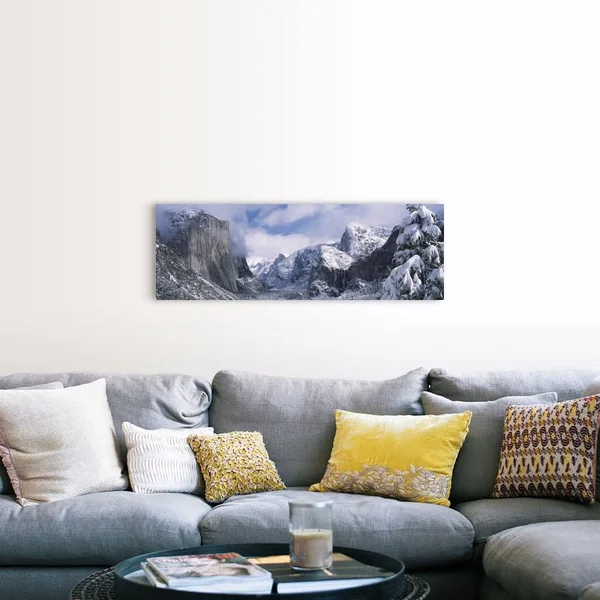 Mountains and Waterfall in Snow, Tunnel VIEW, El Capitan, Half Dome, Bridal Veil, Yosemite Nation..., Canvas Wall Art, 48x16