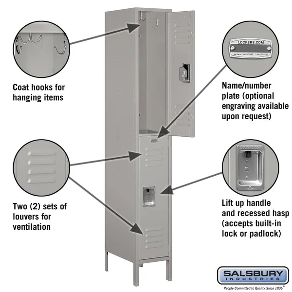 Salsbury Industries 18-52168TN-A 18x22 Wide Double Tier Standard Metal Locker - 1 Wide - 6 Feet High - 18 Inches Deep - Tan - As
